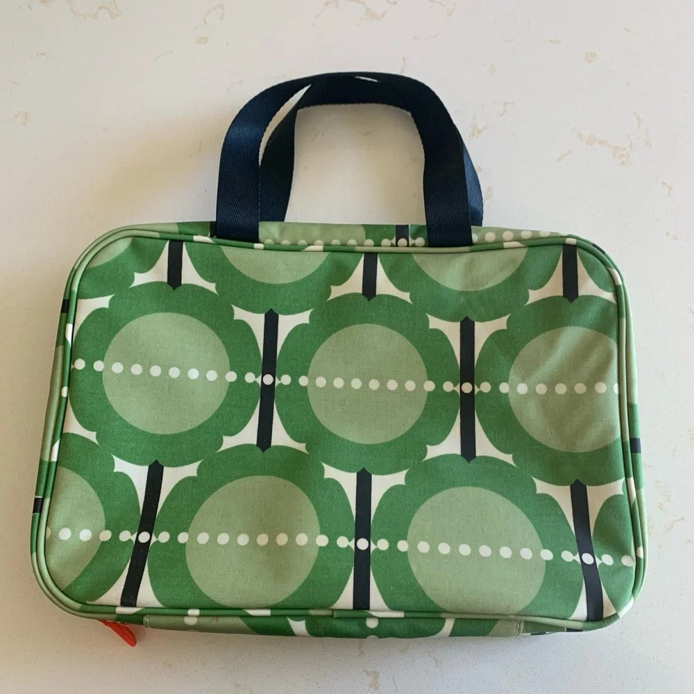 Orla Kiely Green Graphic Print Cosmetic Travel Case with Navy Accents